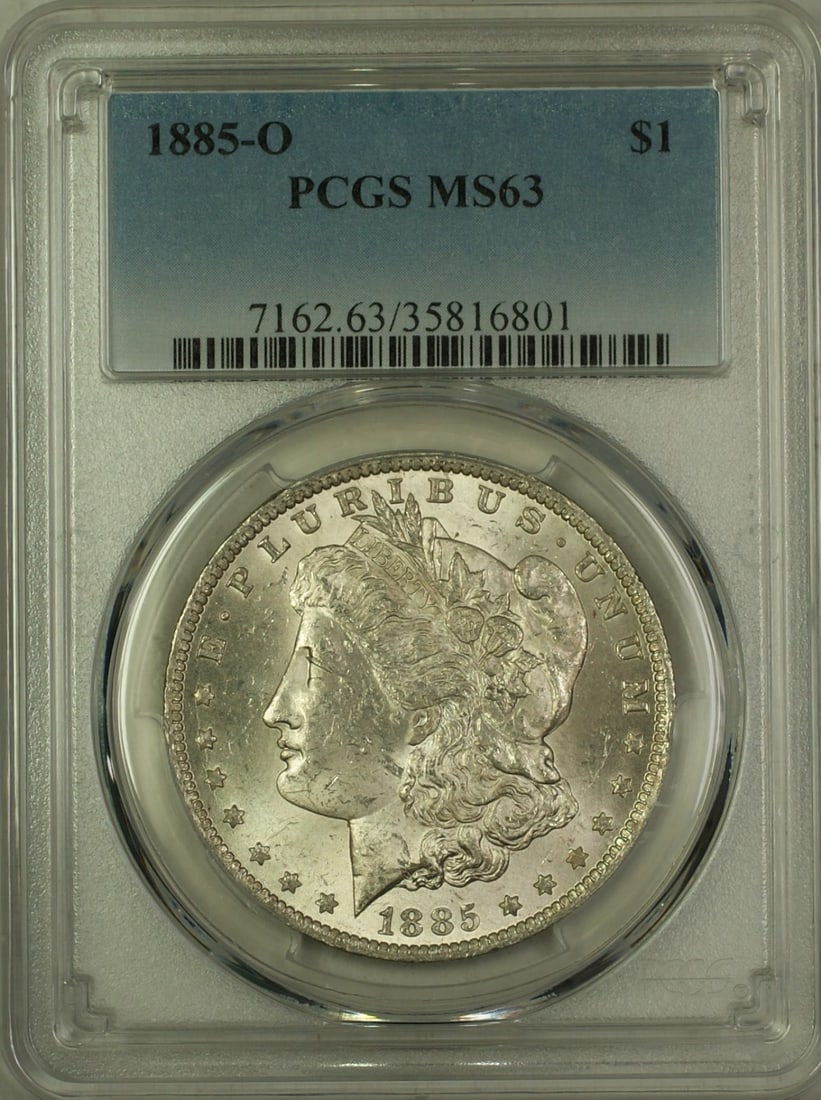 PCGS MS-63 1885-O Silver Morgan Dollar New Orleans Mint $1 Coin: PCGS MS-63 1885-O Silver Morgan Dollar New Orleans Mint $1 Coin This 1885-O Morgan Silver Dollar is a $1 coin minted in New Orleans and certified by PCGS with a grade of MS-63. Composed of silver, the