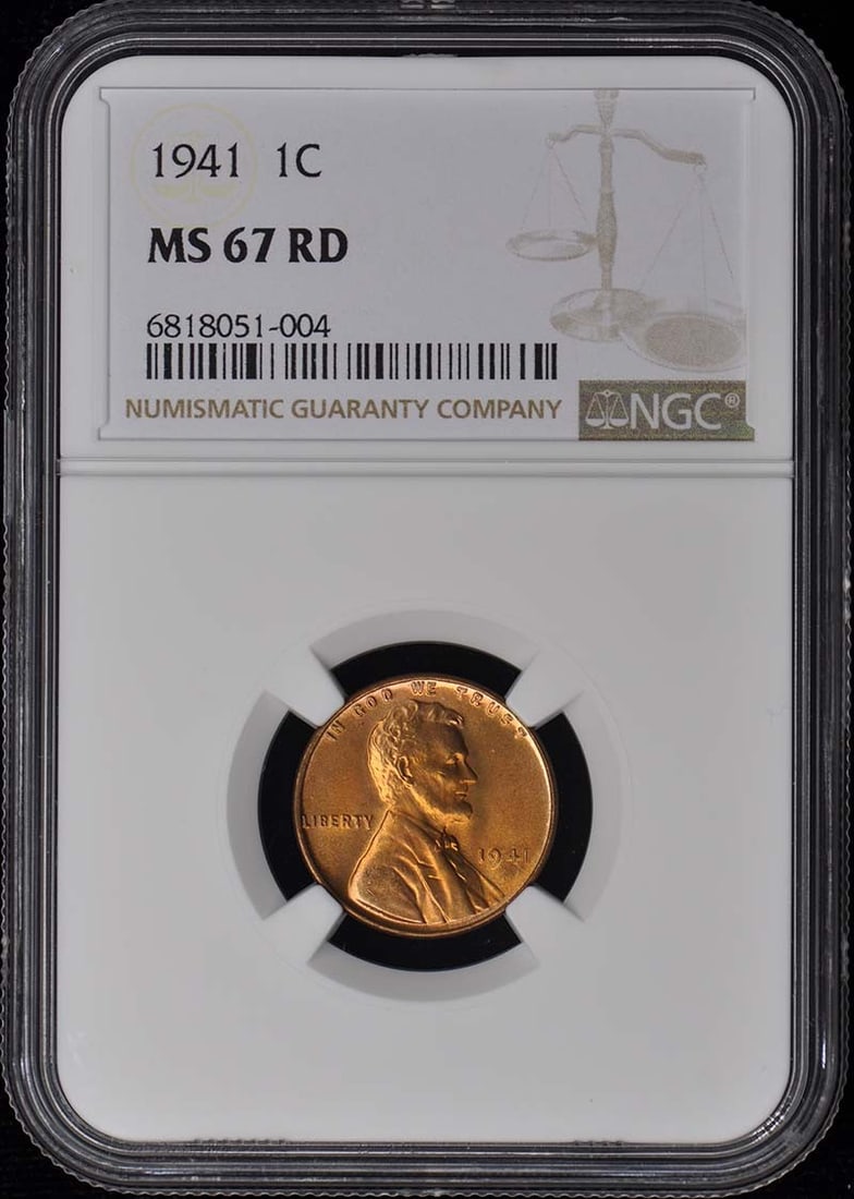 NGC MS67RD 1941 Lincoln Wheat Cent Uncirculated Red Philadelphia: NGC MS67RD 1941 Lincoln Wheat Cent Uncirculated Red Philadelphia This 1941 Lincoln Cent features the wheat reverse design and has been certified by NGC with a grade of MS67RD. It is an uncirculated co