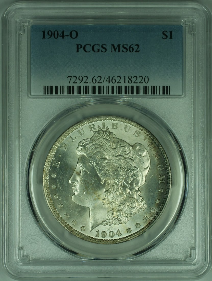 PCGS MS62 1904 New Orleans Morgan Dollar Silver Coin: PCGS MS62 1904 New Orleans Morgan Dollar Silver Coin This 1904-O Morgan Silver Dollar is certified by PCGS with a grade of MS-62. Minted in New Orleans, the coin is uncirculated and composed of silver
