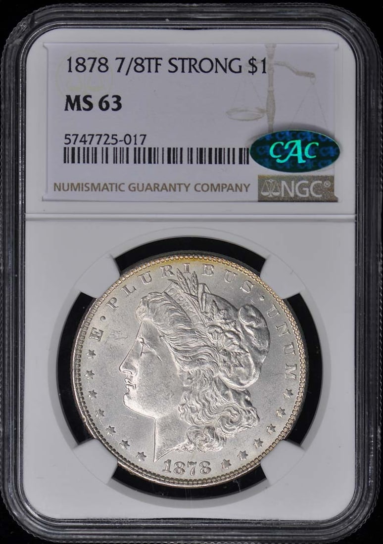 1878 Morgan Dollar NGC MS63 CAC Uncirculated Philadelphia Coin: 1878 Morgan Dollar NGC MS63 CAC Uncirculated Philadelphia Coin This 1878 Morgan Dollar, graded MS63 by NGC and featuring a CAC designation, is a remarkable example of American coinage. Struck at the P