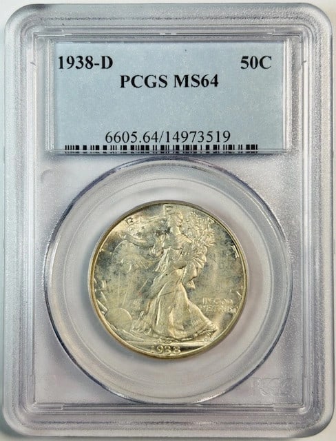 PCGS MS64 1938 Denver Silver Walking Liberty Half Dollar: PCGS MS64 1938 Denver Silver Walking Liberty Half Dollar This is a 1938 D Walking Liberty Half Dollar graded MS-64 by PCGS. Struck in silver at the Denver Mint, this uncirculated coin is certified and