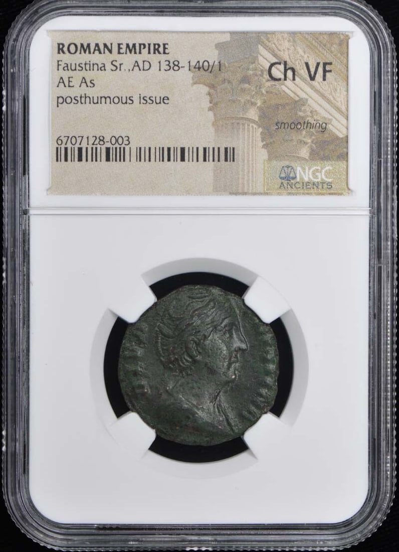 Faustina Sr AE As Coin AD 138-140 NGC VF30 Certified: Faustina Sr AE As Coin AD 138-140 NGC VF30 Certified This Roman Empire AE As coin, issued during the reign of Faustina Sr (AD 138-140/1), is certified by NGC with a grade of VF30. The coin showcases t