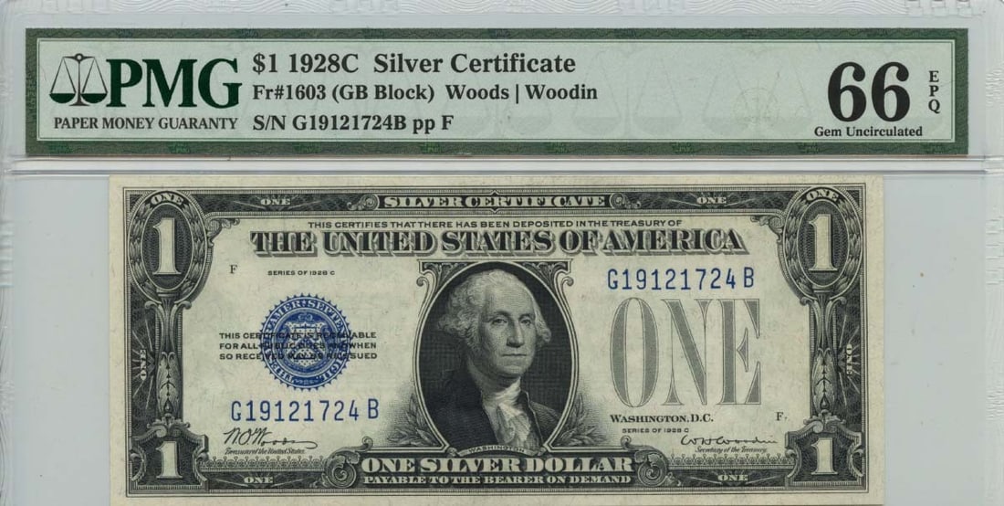 1928C $1 Silver Certificate Blue Seal Gem66 PMG Uncirculated: 1928C $1 Silver Certificate Blue Seal Gem66 PMG Uncirculated This 1928C $1 Silver Certificate features a stunning blue seal and is classified under FR#1603. Graded by PMG as Gem 66 EPQ, it is in uncir