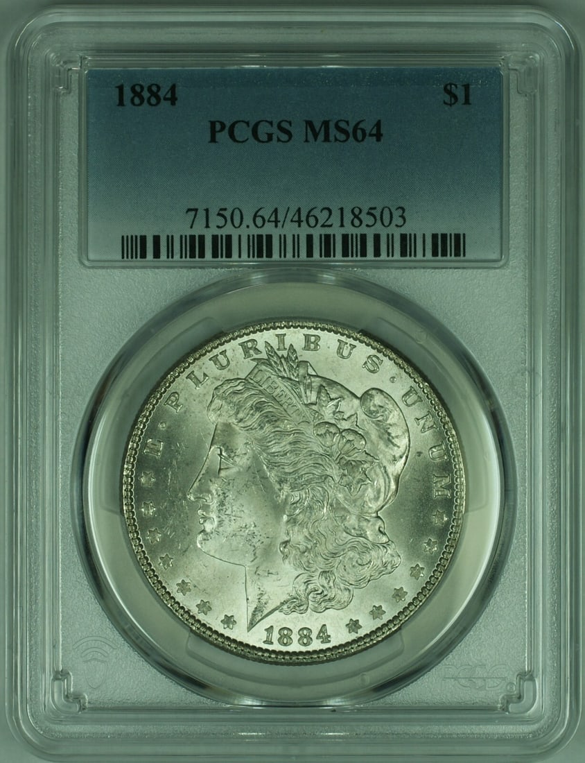 PCGS MS-64 Certified 1884 Morgan Silver Dollar from Philadelphia: PCGS MS-64 Certified 1884 Morgan Silver Dollar from Philadelphia This is an 1884 Morgan Silver Dollar from the United States, certified by PCGS with a grade of MS-64. The coin is uncirculated and was