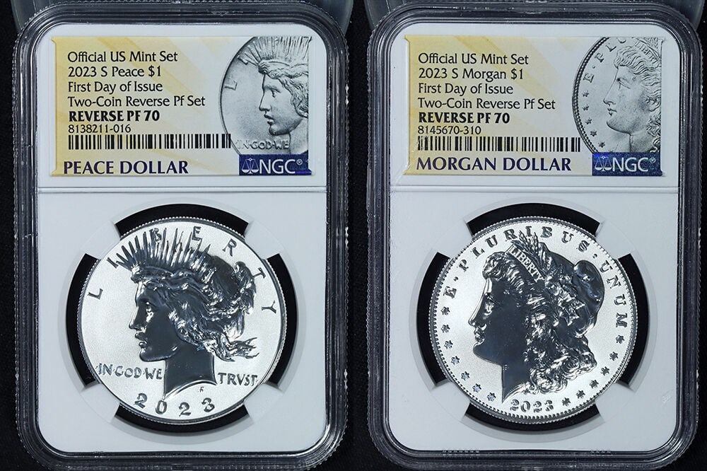 NGC Rev PF70 2023-S Silver Morgan and Peace Dollar Reverse Proof Two-Coin Set (1 of 5)