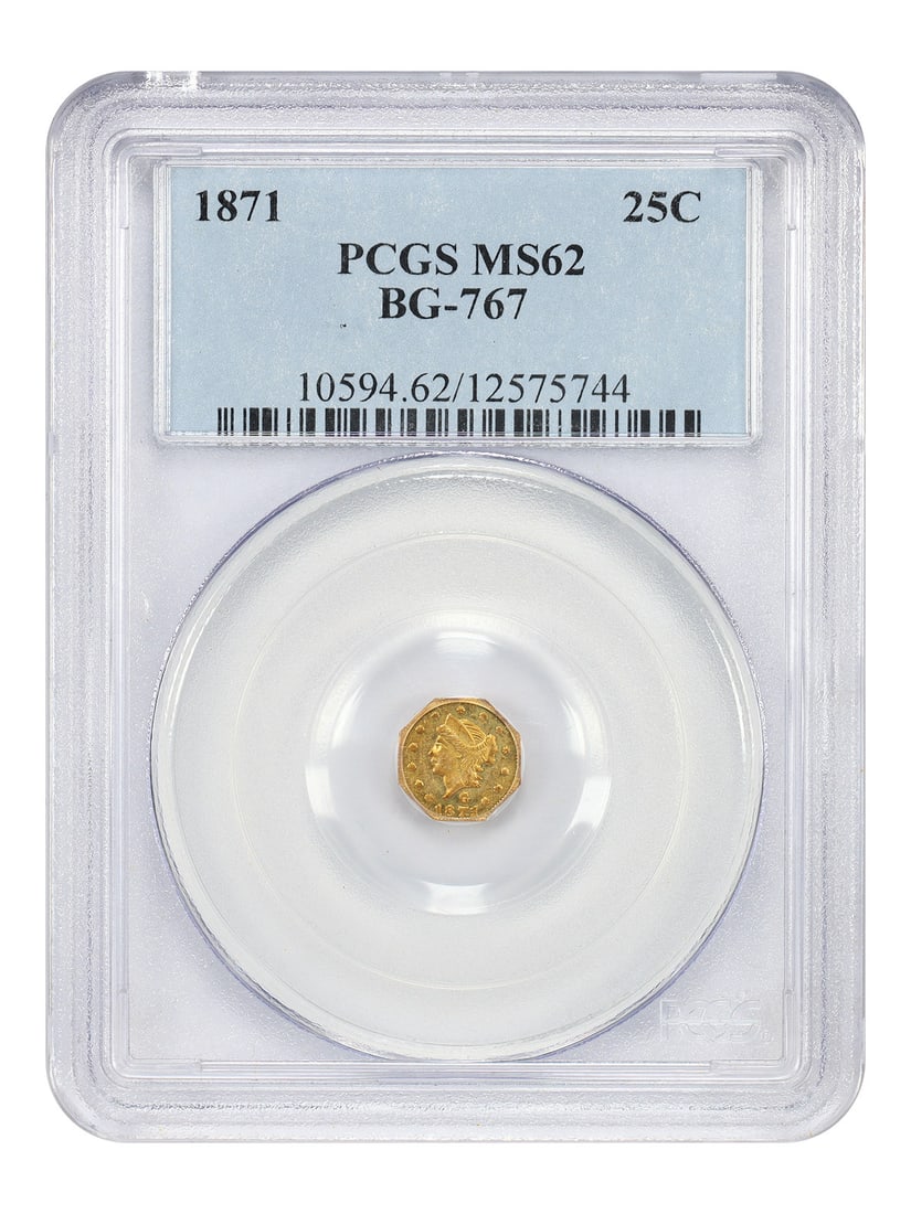 1871 California Fractional Gold 25 Cent Piece PCGS MS62 BG-767: 1871 California Fractional Gold 25 Cent Piece PCGS MS62 BG-767 This is an 1871 California Fractional Gold coin with a denomination of 25 cents. Graded MS62 by PCGS, it is an uncirculated example from