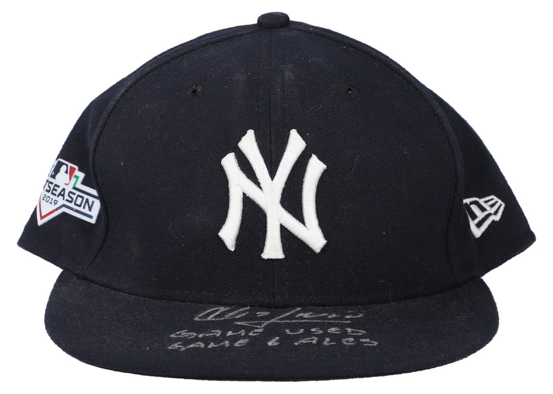 Aroldis Chapman 2019 ALCS Game Used Hat Signed with Holograms: Aroldis Chapman 2019 ALCS Game Used Hat Signed with Holograms This is a game-used cap worn by New York Yankees pitcher Aroldis Chapman during Game 6 of the 2019 American League Championship Series aga