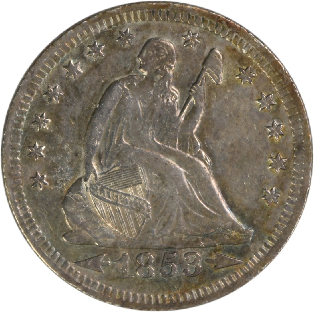 1853-O Seated Liberty 25C Arrows Rays AU Grade Uncertified Silver Quarter: 1853-O Seated Liberty 25C Arrows Rays AU Grade Uncertified Silver Quarter This 1853-O Liberty Seated Silver Quarter features Arrows and Rays and was struck at the New Orleans Mint. The coin is compose