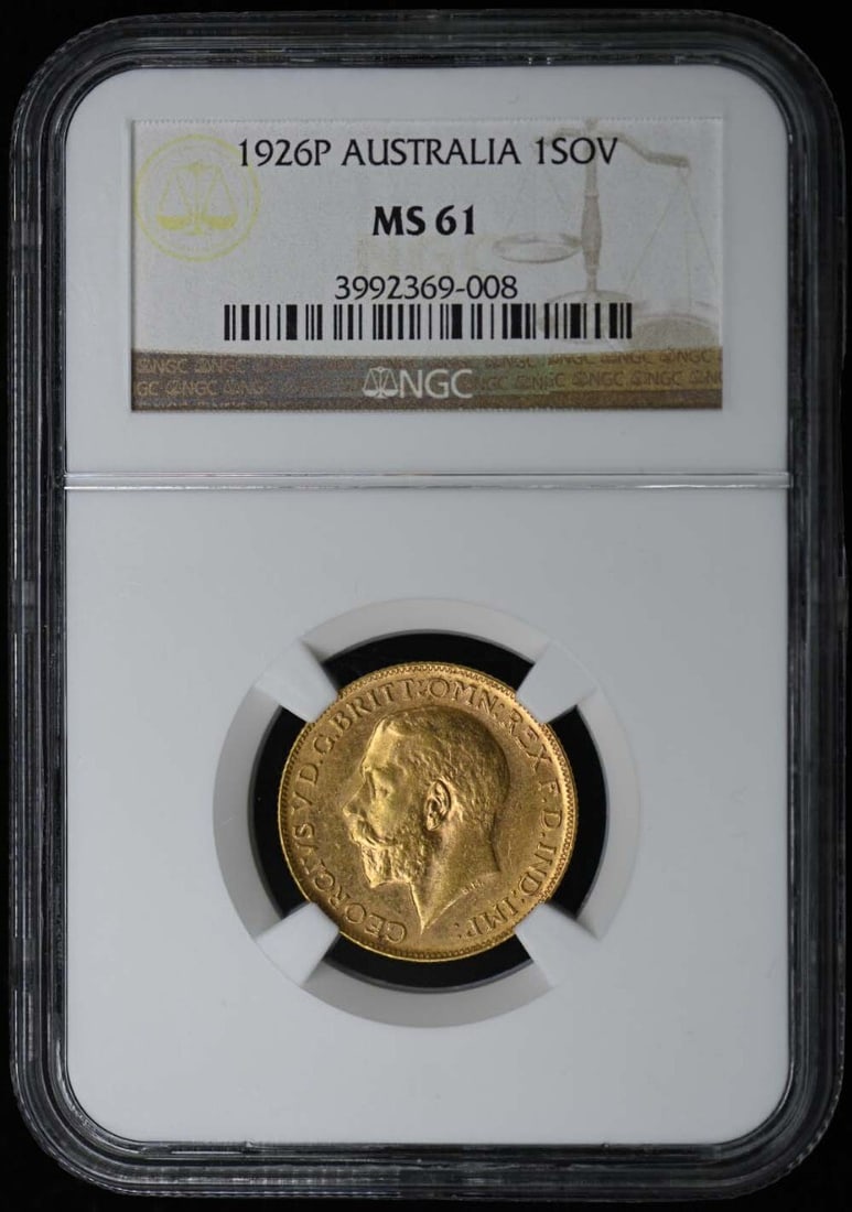 1926 Australia Gold Sovereign NGC MS61 Uncirculated Coin: 1926 Australia Gold Sovereign NGC MS61 Uncirculated Coin This 1926 Australia Gold 1 Sovereign coin is certified by NGC with a grade of MS61, indicating its uncirculated condition. The coin showcases t