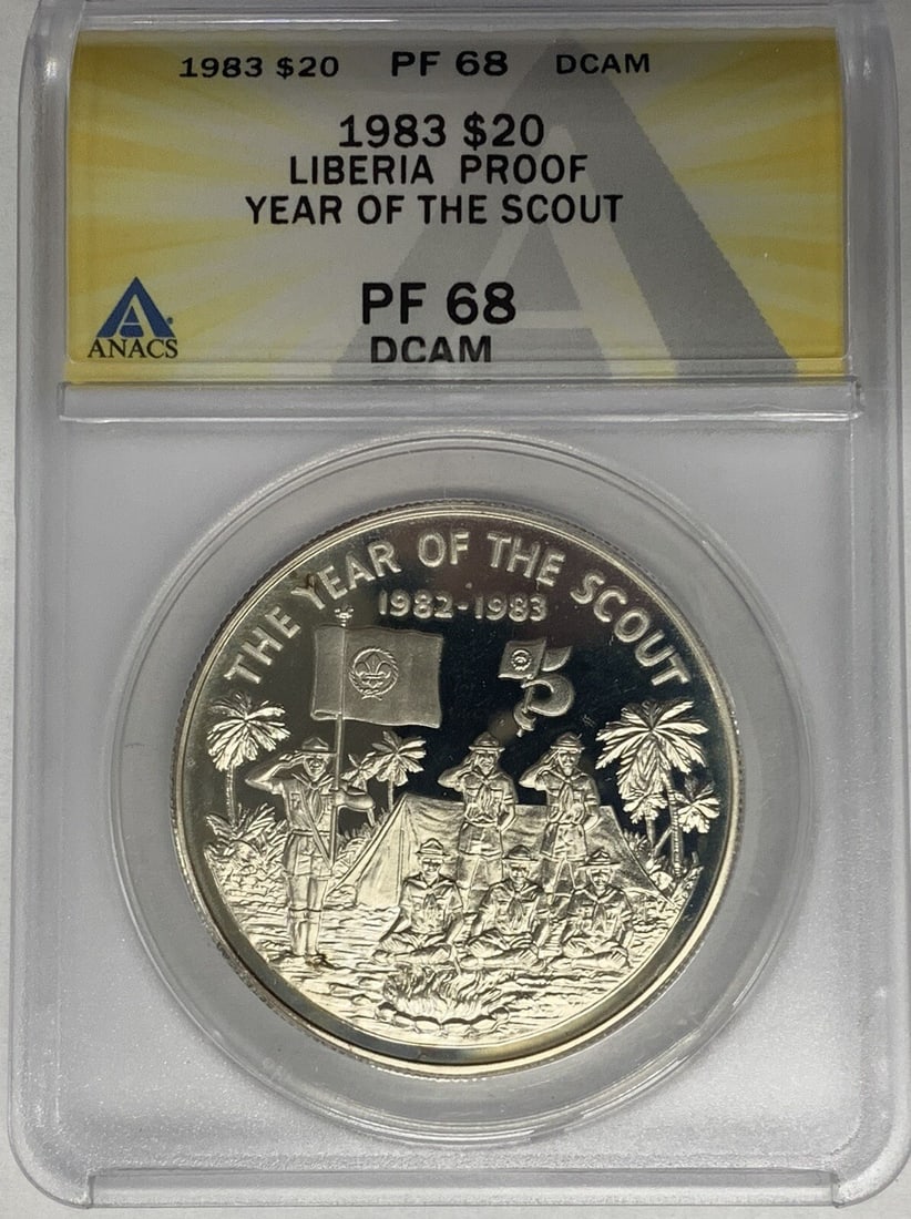 Liberia 1983 Proof Silver $20 Year of The Scout Coin ANACS PR68: Liberia 1983 Proof Silver $20 Year of The Scout Coin ANACS PR68 This 1983 Liberia Proof $20 Silver Dollar Coin commemorates the Year of the Scout. Graded PR 68 DCAM by ANACS, it features a proof finis