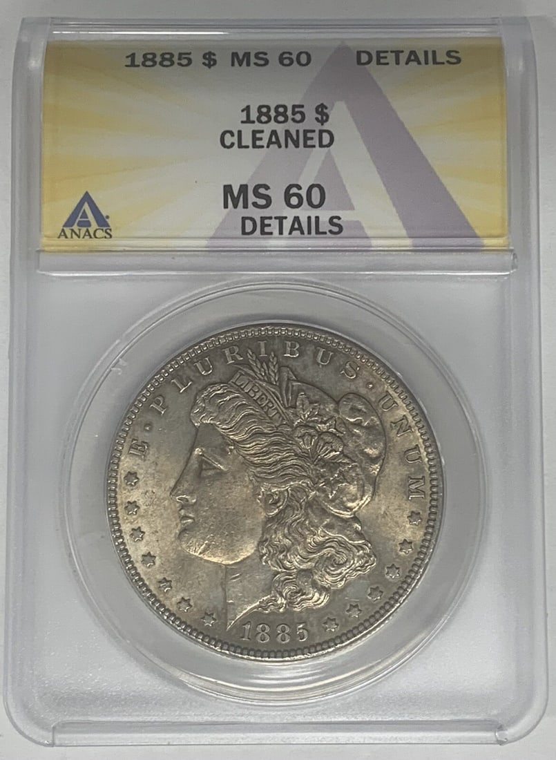 Toned 1885 Morgan Dollar Silver Coin ANACS MS 60 Cleaned Details: Toned 1885 Morgan Dollar Silver Coin ANACS MS 60 Cleaned Details This is a pre-owned 1885 Morgan Silver Dollar coin from the United States, featuring attractive toning. The coin is composed of silver,