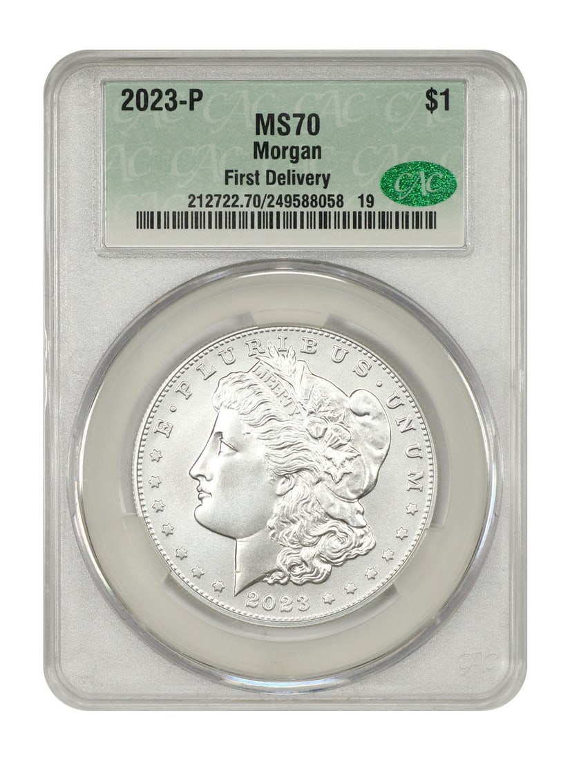 CACG Graded 2023 Philadelphia Morgan Dollar MS70 First Delivery: CACG Graded 2023 Philadelphia Morgan Dollar MS70 First Delivery This is a 2023-P Morgan Dollar graded MS70 by CACG. The coin is uncirculated and was struck at the Philadelphia Mint. It is classified a