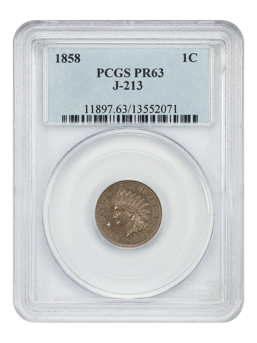1858 J-213 Pattern One Cent PCGS PR63 Philadelphia Copper-Nickel: 1858 J-213 Pattern One Cent PCGS PR63 Philadelphia Copper-Nickel This 1858 1C U.S. pattern coin, graded PR63 by PCGS, is an uncirculated Philadelphia mint issue. Struck in copper-nickel with a plain e