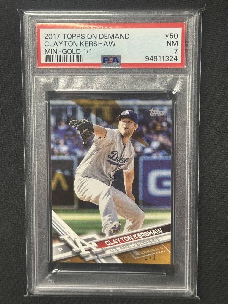 Clayton Kershaw 2017 Topps On Demand Mini Gold PSA 7 Dodgers #50: Clayton Kershaw 2017 Topps On Demand Mini Gold PSA 7 Dodgers #50 This is a 2017 Topps On Demand Mini Gold Baseball Card featuring Clayton Kershaw, a standout player for the Los Angeles Dodgers. Graded