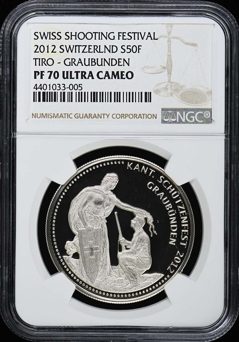 2012 Switzerland Graubunden Shooting Fest S50F NGC PR70DCAM Coin: 2012 Switzerland Graubunden Shooting Fest S50F NGC PR70DCAM Coin This item is a 2012 Switzerland Graubunden Shooting Festival commemorative coin, graded PR70 by NGC, indicating it is in pristine condi