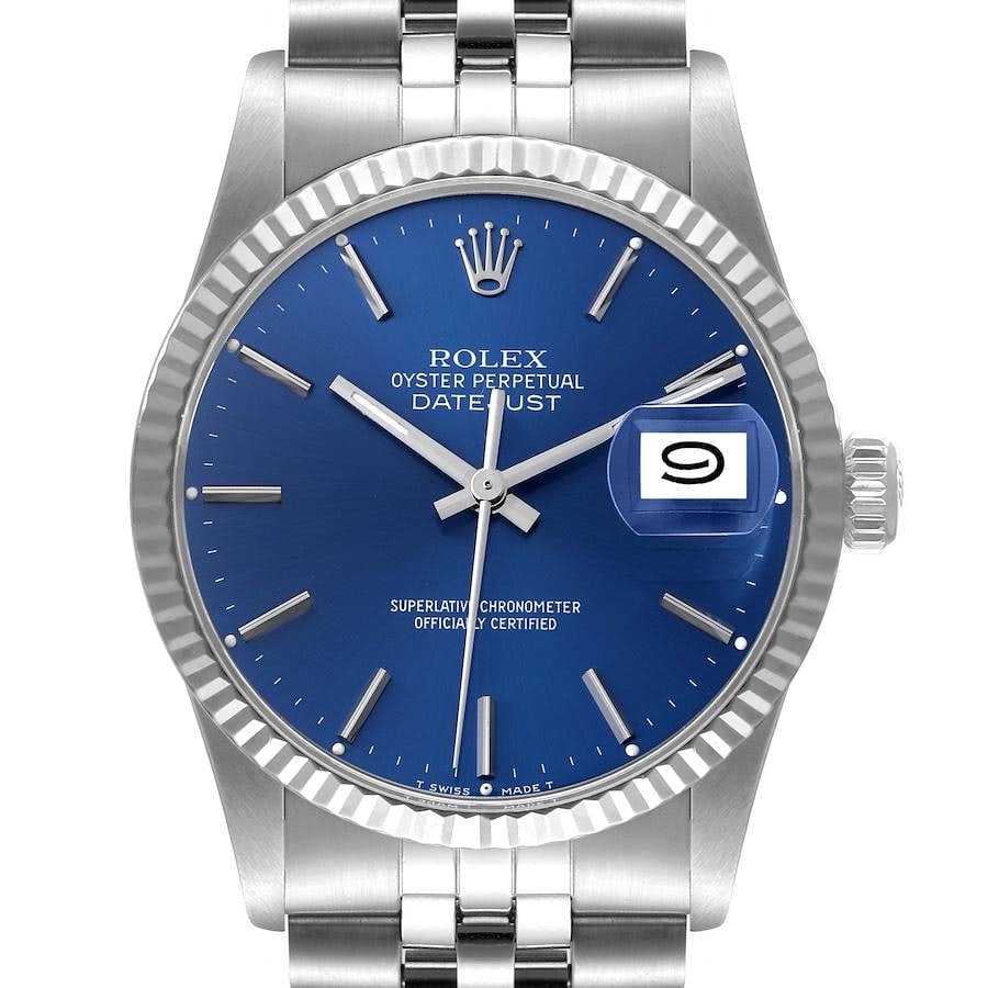 1985 Rolex Datejust 16030 Jubilee Bracelet Blue Dial Watch with Papers: 1985 Rolex Datejust 16030 Jubilee Bracelet Blue Dial Watch with Papers This Rolex Datejust watch features a striking blue dial and is presented on a Jubilee bracelet. The model reference is 16030 and