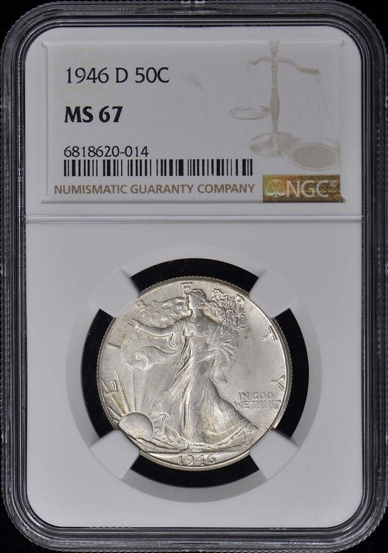 1946-D NGC MS67 Walking Liberty Half Dollar Uncirculated: 1946-D NGC MS67 Walking Liberty Half Dollar Uncirculated This 1946-D Walking Liberty Half Dollar is an uncirculated coin certified by NGC, boasting a remarkable grade of MS67. Minted in Denver, this h
