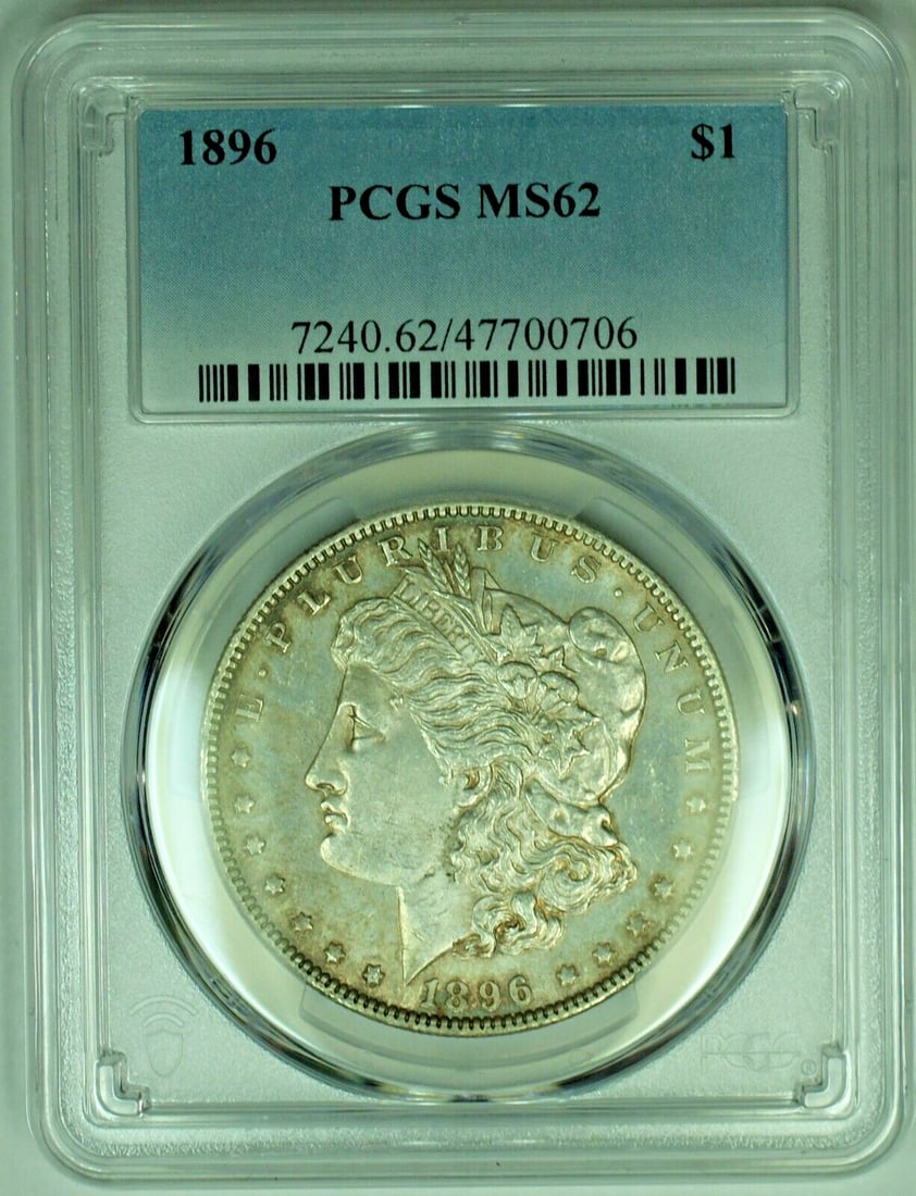 PCGS MS62 1896 Morgan Silver Dollar Toned Semi-PL Certified Coin: PCGS MS62 1896 Morgan Silver Dollar Toned Semi-PL Certified Coin This 1896 Morgan Silver Dollar features a toned appearance and has been graded MS 62 by PCGS. The coin is uncirculated, semi-prooflike,