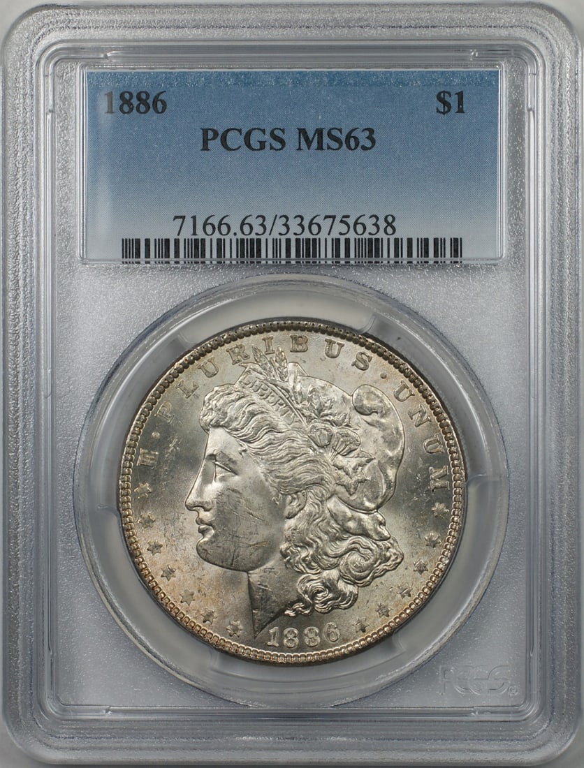Set of 6 1886 Morgan Silver Dollars PCGS MS-63 Certified: Set of 6 1886 Morgan Silver Dollars PCGS MS-63 Certified This is an 1886 Morgan Silver Dollar $1 coin, certified by PCGS with a grade of MS-63. The coin was minted in Philadelphia, United States, and