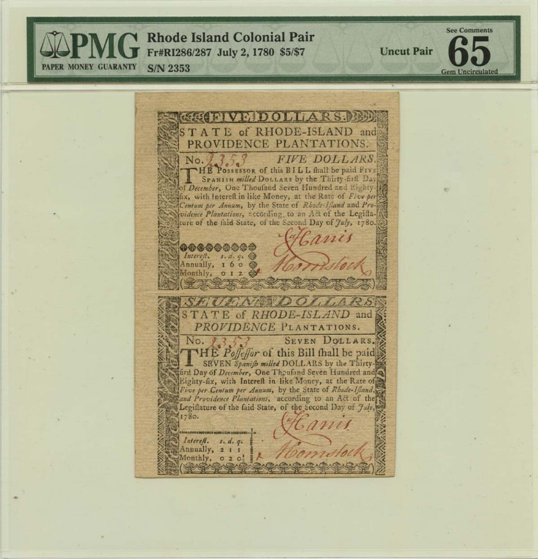 1780 Rhode Island Colonial Currency Uncut Pair PMG GEM 65 EPQ RI286/287 (1 of 2)