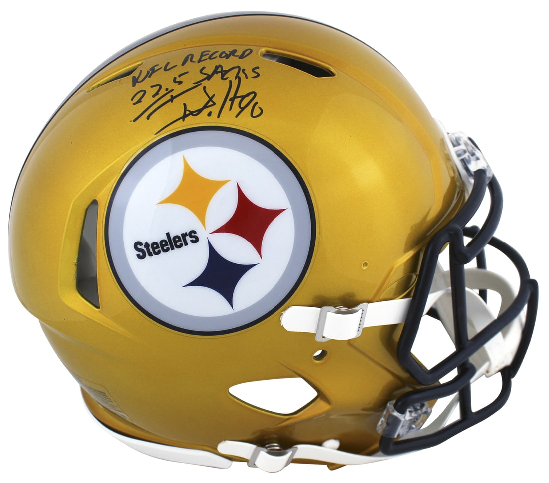T.J. Watt Signed Steelers Flash Helmet NFL Record 22.5 Sacks BAS: T.J. Watt Signed Steelers Flash Helmet NFL Record 22.5 Sacks BAS Celebrate the remarkable achievement of T.J. Watt with this autographed Pittsburgh Steelers Flash Full Size Speed Proline Helmet. This