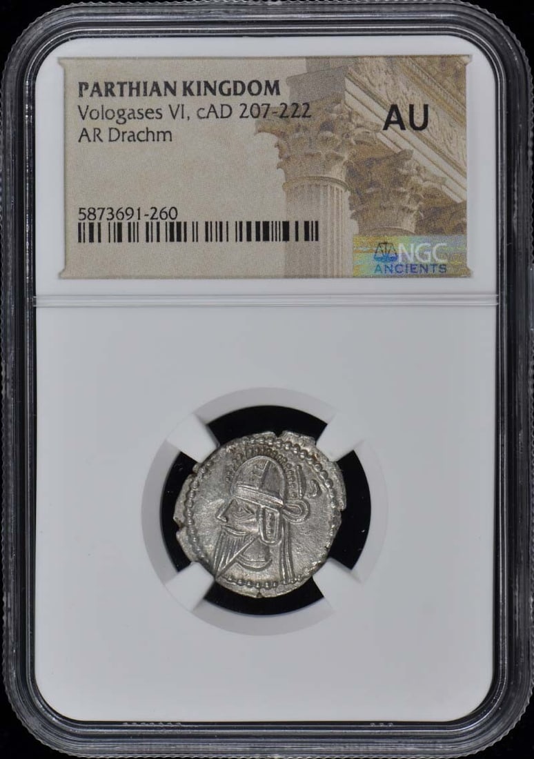 Vologases VI Parthian Kingdom Silver Drachm NGC AU50 Certified Coin: Vologases VI Parthian Kingdom Silver Drachm NGC AU50 Certified Coin This is a stunning silver drachm from the Parthian Kingdom, issued during the reign of Vologases VI, dating approximately from AD 20