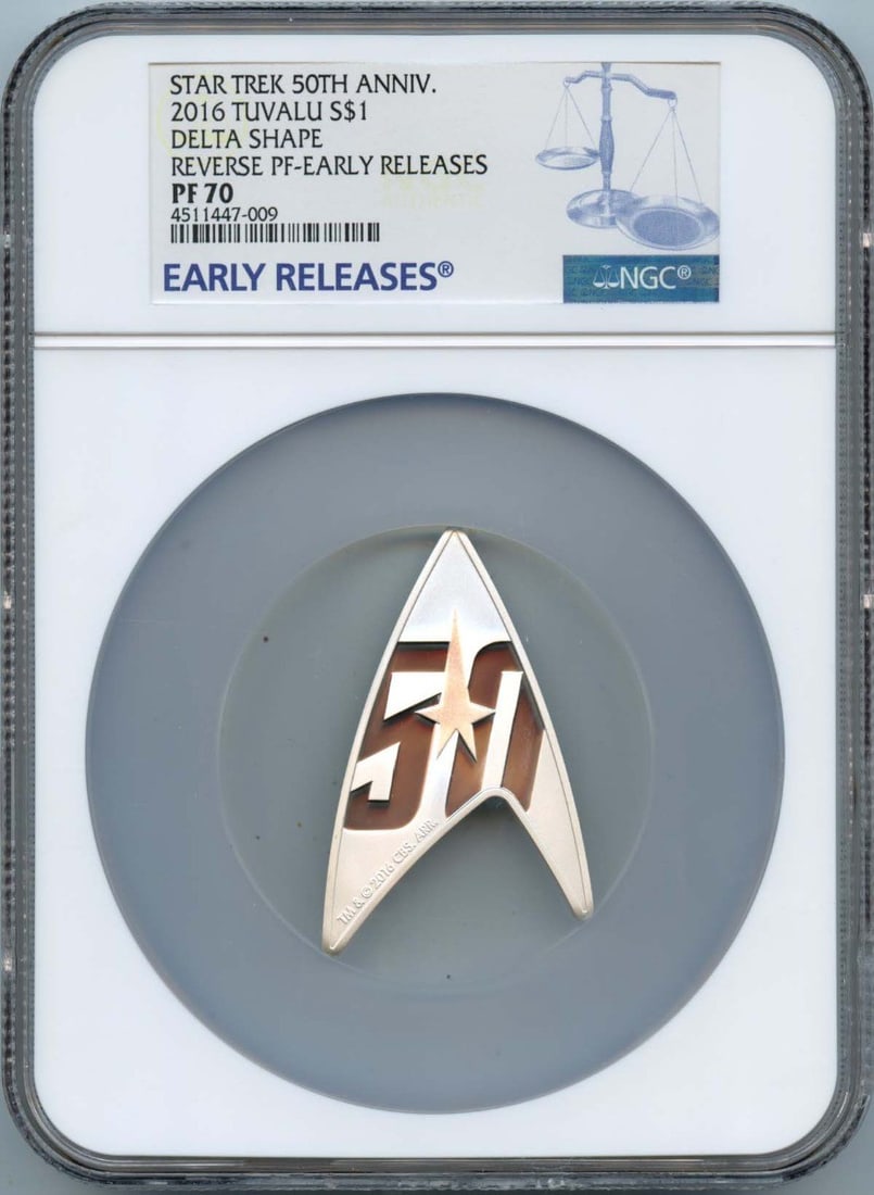 2016 Tuvalu Delta Shape S$1 Uncirculated NGC RP70: 2016 Tuvalu Delta Shape S$1 Uncirculated NGC RP70 This 2016 Tuvalu Delta Shape $1 coin features a unique design and is graded as RP70 by NGC, indicating its pristine, uncirculated condition. A remarka