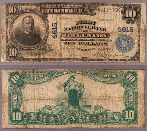 1902 Emlenton Pennsylvania $10 National Bank Note Charter 4615 First National Bank: 1902 Emlenton Pennsylvania $10 National Bank Note Charter 4615 First National Bank This is a circulated $10 National Bank Note from Emlenton, Pennsylvania, dated 1902 with Charter #4615 from the First