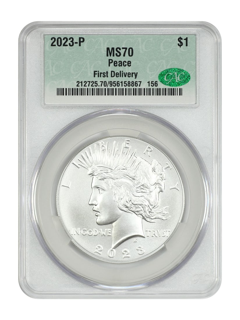 CACG MS70 First Delivery 2023 Philadelphia Peace Dollar: CACG MS70 First Delivery 2023 Philadelphia Peace Dollar This 2023-P $1 Peace Dollar is a modern commemorative coin certified by CACG with a grade of MS70, indicating it is in uncirculated condition. T