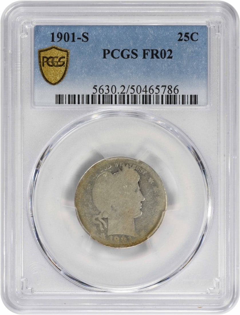 1901-S Barber Silver Quarter 25C PCGS Certified San Francisco: 1901-S Barber Silver Quarter 25C PCGS Certified San Francisco This 1901-S Barber Silver Quarter is a captivating piece of numismatic history. Graded as Fair by PCGS, this circulated coin showcases the