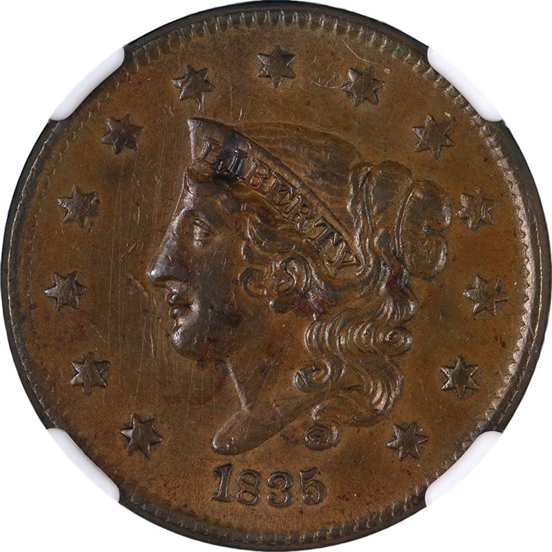 1835 Large Cent Small 8 Small Stars NGC AU53 BN Copper Coin: 1835 Large Cent Small 8 Small Stars NGC AU53 BN Copper Coin This original 1835 Large Cent features a small 8 and small stars, graded NGC AU53 BN, showcasing a nice strike and appealing color. The coin