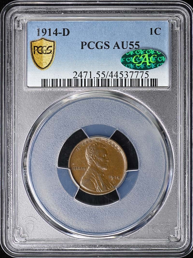 1914 Denver Lincoln Wheat Cent Type 1 PCGS AU55BN CAC: 1914 Denver Lincoln Wheat Cent Type 1 PCGS AU55BN CAC This 1914-D Lincoln Cent features the Type 1 Wheat Reverse and has been certified by PCGS with a grade of AU55BN. The coin is designated as BN (Br