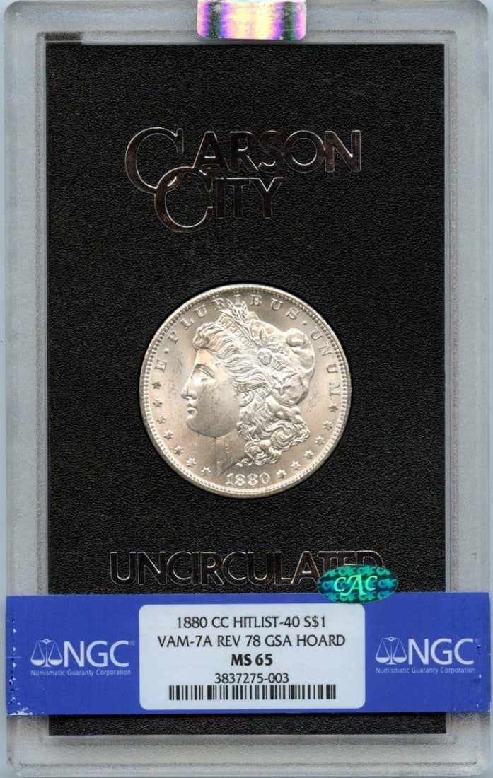 1880-CC VAM 7A Morgan Dollar NGC MS65 CAC GSA Hoard: 1880-CC VAM 7A Morgan Dollar NGC MS65 CAC GSA Hoard This 1880-CC VAM 7A Morgan Dollar is a remarkable collectible, certified by NGC with a grade of MS65 and also features a CAC designation for added v