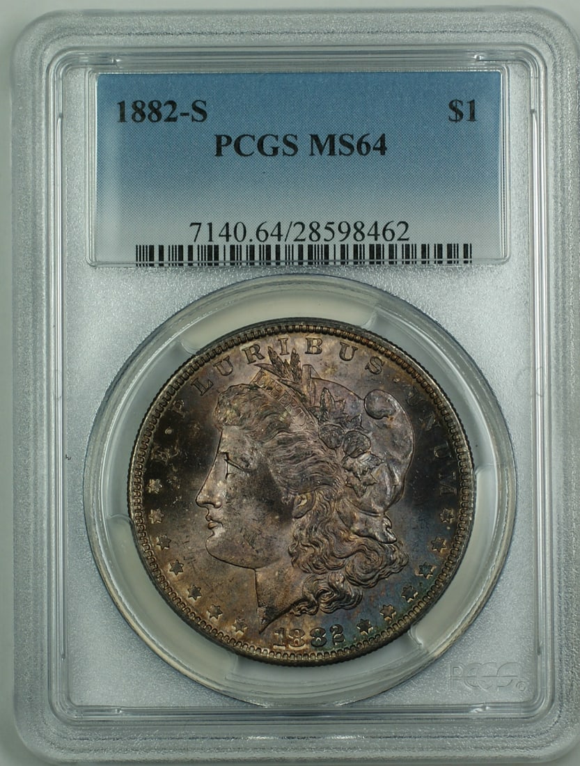 PCGS MS-64 1882-S Morgan Dollar San Francisco Silver Coin with Attractive Toning: PCGS MS-64 1882-S Morgan Dollar San Francisco Silver Coin with Attractive Toning This is an 1882-S Morgan Silver Dollar graded MS-64 by PCGS. The coin features a nicely toned appearance and was minted