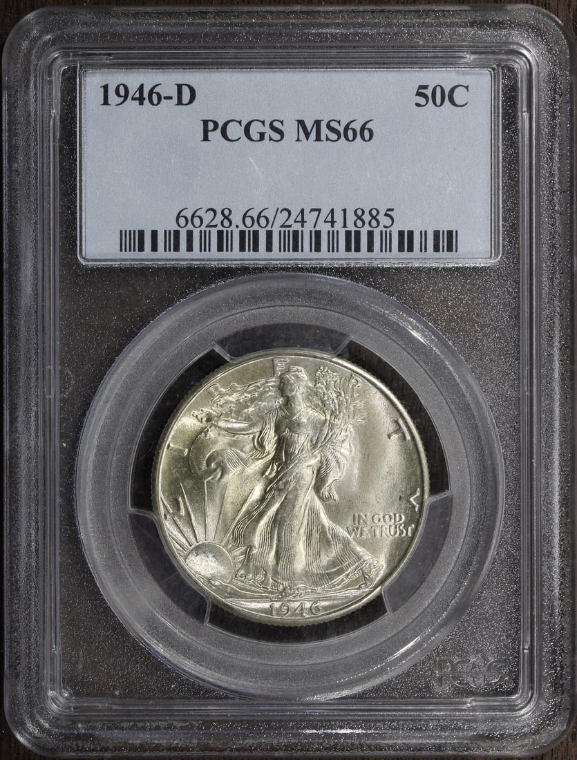 MS66 1946-D Walking Liberty Half Dollar PCGS Certified 50C Silver Coin: MS66 1946-D Walking Liberty Half Dollar PCGS Certified 50C Silver Coin This is a 1946-D Walking Liberty Half Dollar graded MS66 by PCGS. The coin is uncirculated, composed of silver with a fineness of