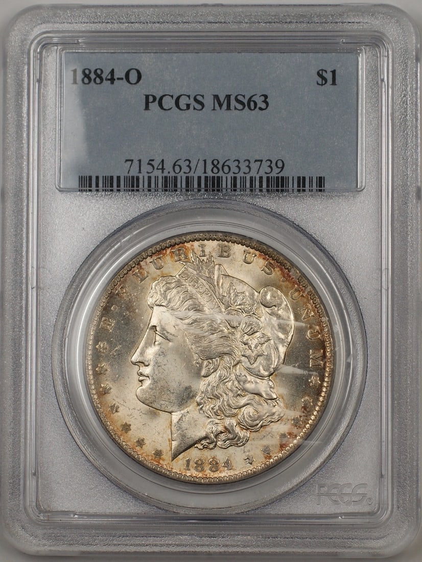 PCGS MS-63 1884-O Morgan Silver Dollar Uncirculated Light Toning: PCGS MS-63 1884-O Morgan Silver Dollar Uncirculated Light Toning This 1884-O Morgan Silver Dollar is certified by PCGS with a grade of MS-63. Minted in New Orleans, this uncirculated coin is composed