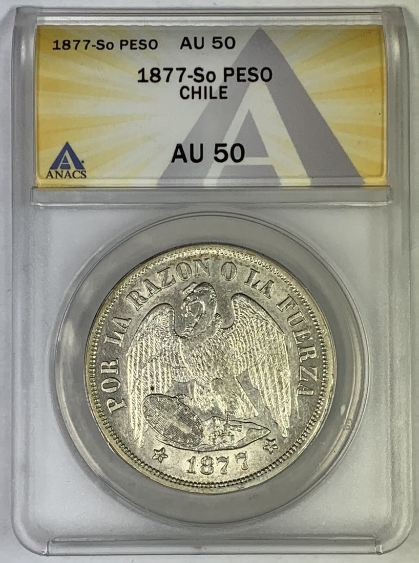 Chilean 1877 Silver Peso Coin ANACS AU 50 Certified: Chilean 1877 Silver Peso Coin ANACS AU 50 Certified This 1877 So Peso coin from Chile is composed of silver and has been certified by ANACS with a grade of AU 50. It is a pre-owned collectible piece,