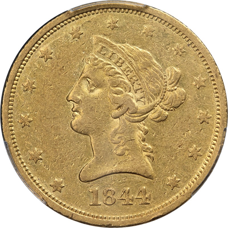 PCGS XF40 1844-O Liberty $10 Gold Coin with Strong Strike: PCGS XF40 1844-O Liberty $10 Gold Coin with Strong Strike This 1844-O Liberty Gold $10 coin is graded XF40 by PCGS, indicating it is in extremely fine condition. The coin features strong luster, an at