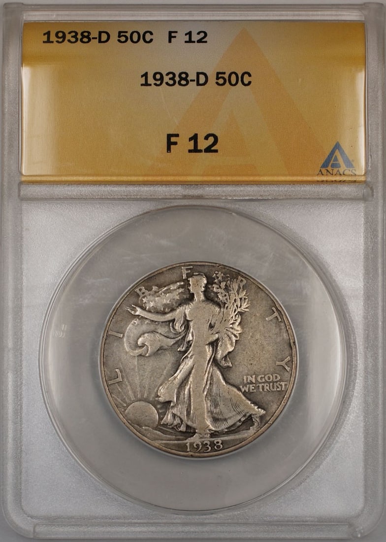 1938 Denver Walking Liberty Half Dollar Silver ANACS F12 Certified Coin: 1938 Denver Walking Liberty Half Dollar Silver ANACS F12 Certified Coin This 1938-D Walking Liberty Half Dollar is a circulated coin certified by ANACS with a grade of F 12. Minted in Denver, it is co