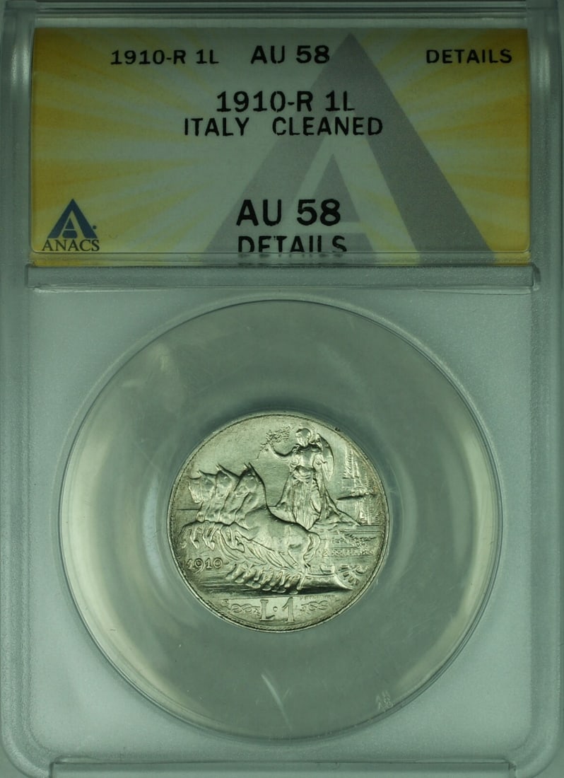 Italy 1910-R Silver 1 Lira AU 58 ANACS Certified KM45: Italy 1910-R Silver 1 Lira AU 58 ANACS Certified KM45 This is a 1910-R Italy 1 Lira silver coin, certified by ANACS with a grade of AU 58 Details (Cleaned). The coin is composed of silver and features