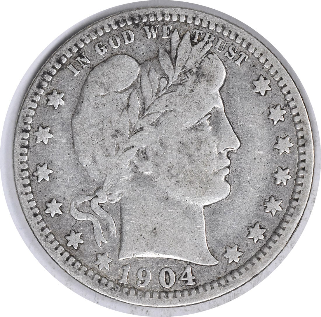 1904-O Barber Silver Quarter 25C Uncertified Coin by Charles E Barber: 1904-O Barber Silver Quarter 25C Uncertified Coin by Charles E Barber This 1904-O Barber Silver Quarter is a classic piece of American numismatic history. Struck at the New Orleans mint, this coin fea