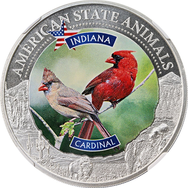 NGC MS70 2022 Cook Island $5 Silver 1oz Indiana Cardinal Animal Series Coin: NGC MS70 2022 Cook Island $5 Silver 1oz Indiana Cardinal Animal Series Coin This 2022 Cook Island 1oz Silver $5 coin from the Animal Series features the Indiana Cardinal and is certified by NGC with a