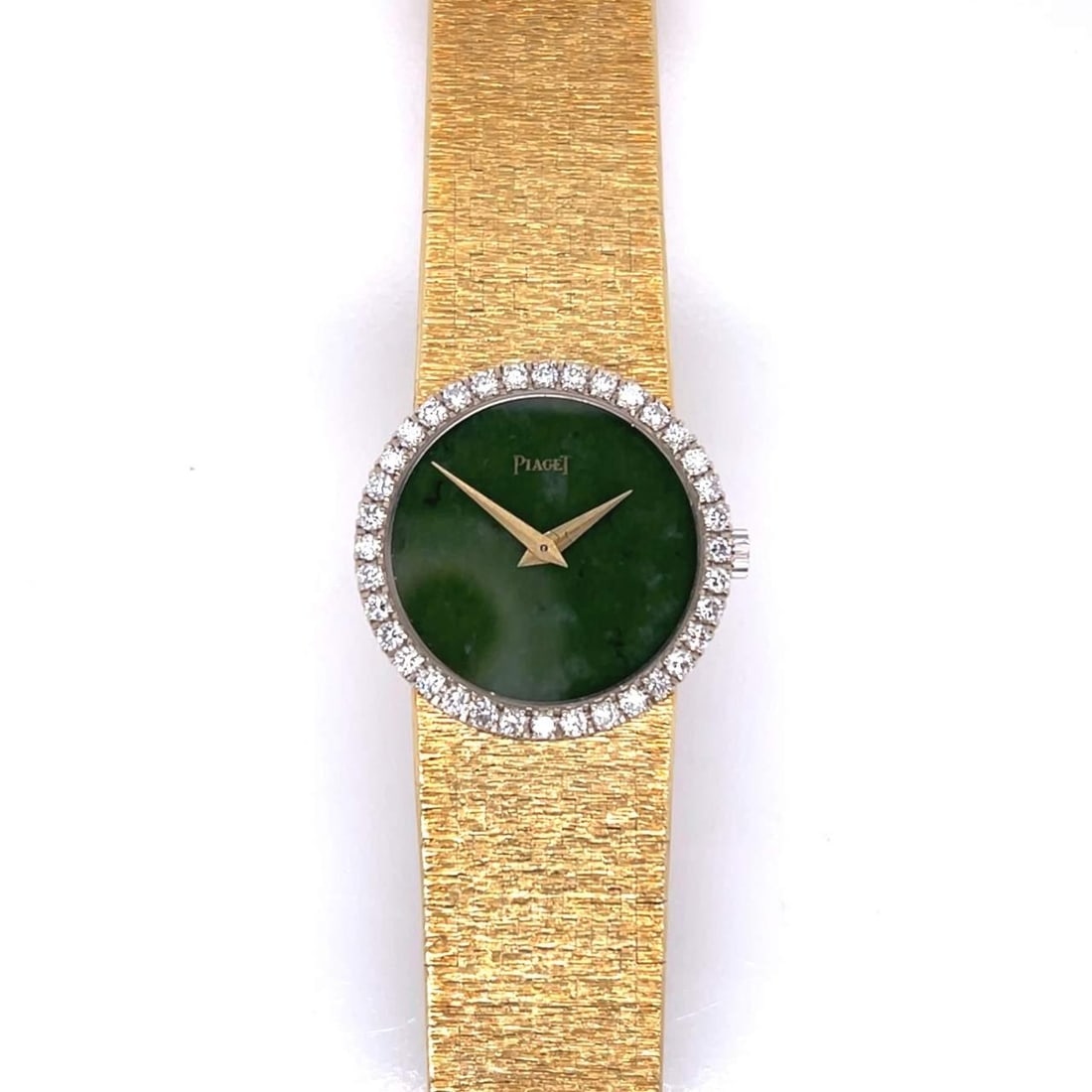 Piaget 18K Yellow Gold Jade Diamond Watch Manual Winding 36 Diamonds: Piaget 18K Yellow Gold Jade Diamond Watch Manual Winding 36 Diamonds This exquisite Piaget watch features a stunning 18K yellow gold case, complemented by an original jade dial and an elegant diamond