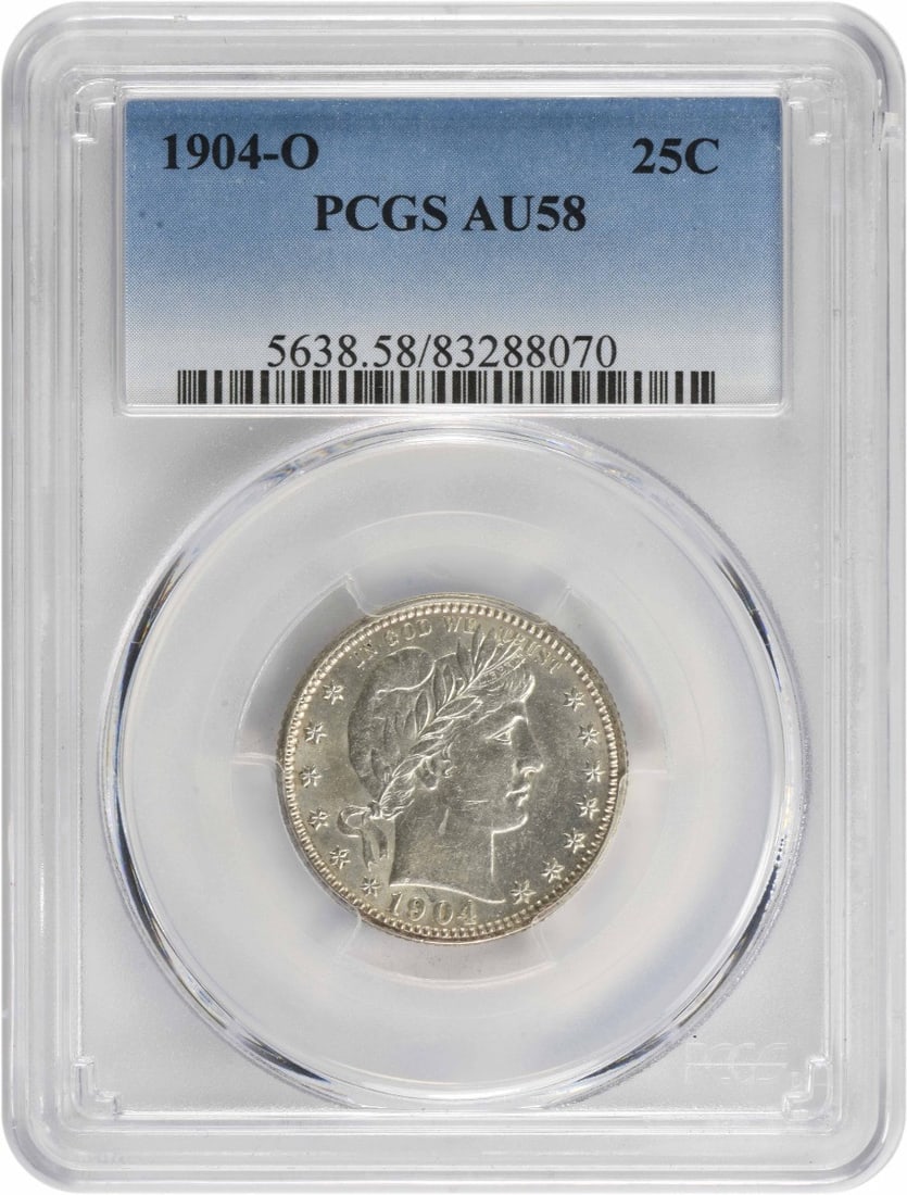 1904-O Barber Quarter AU58 Certified PCGS 90% Silver Coin: 1904-O Barber Quarter AU58 Certified PCGS 90% Silver Coin This 1904-O Barber Silver Quarter is an exquisite piece for collectors, graded AU58 by PCGS. Minted in New Orleans, it features the classic Ba