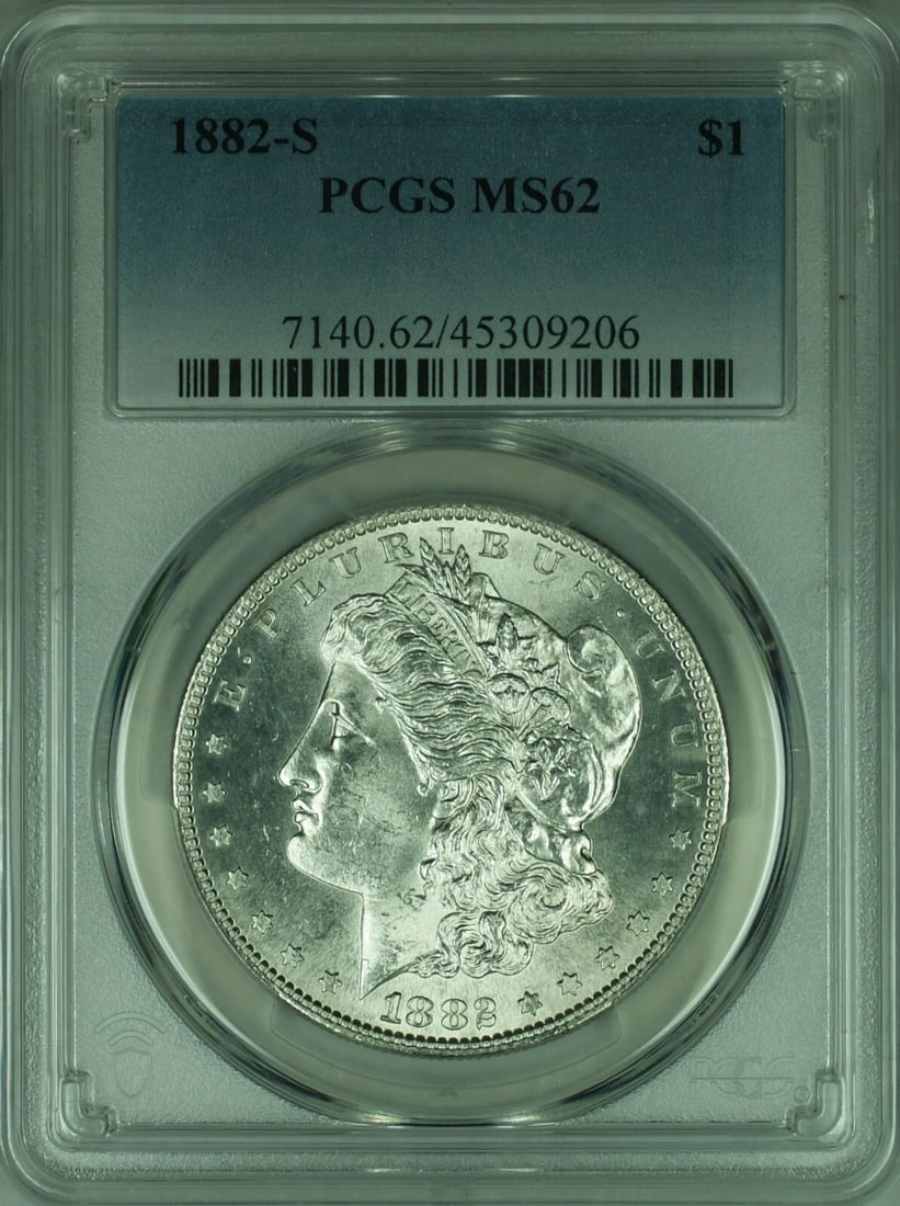 PCGS MS62 1882-S San Francisco Morgan Silver Dollar One Dollar Coin: PCGS MS62 1882-S San Francisco Morgan Silver Dollar One Dollar Coin This is an 1882-S Morgan Silver Dollar certified by PCGS with a grade of MS-62. Minted in San Francisco, this uncirculated coin is c