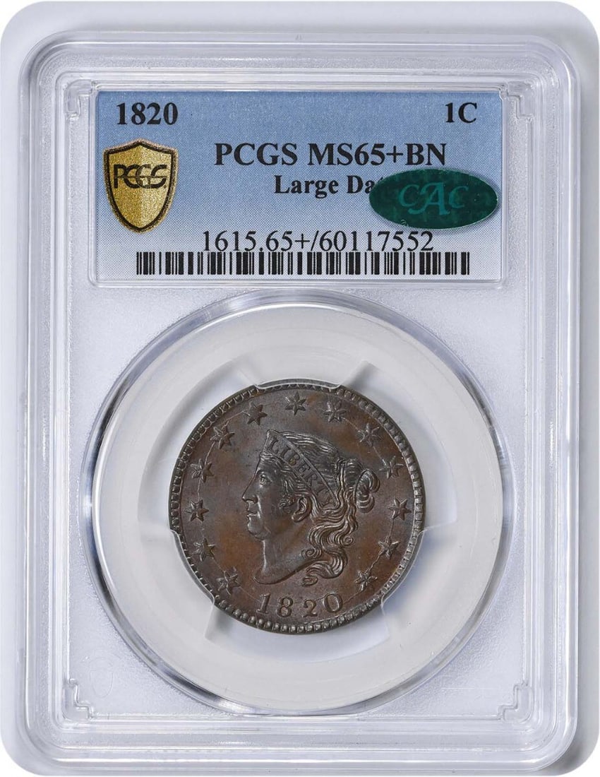 1820 Large Cent MS65+BN Coronet Head PCGS CAC Uncirculated: 1820 Large Cent MS65+BN Coronet Head PCGS CAC Uncirculated This 1820 Large Cent, featuring the Coronet Head design by Robert Scot, is a stunning example of early American coinage. Graded MS65+BN by PC
