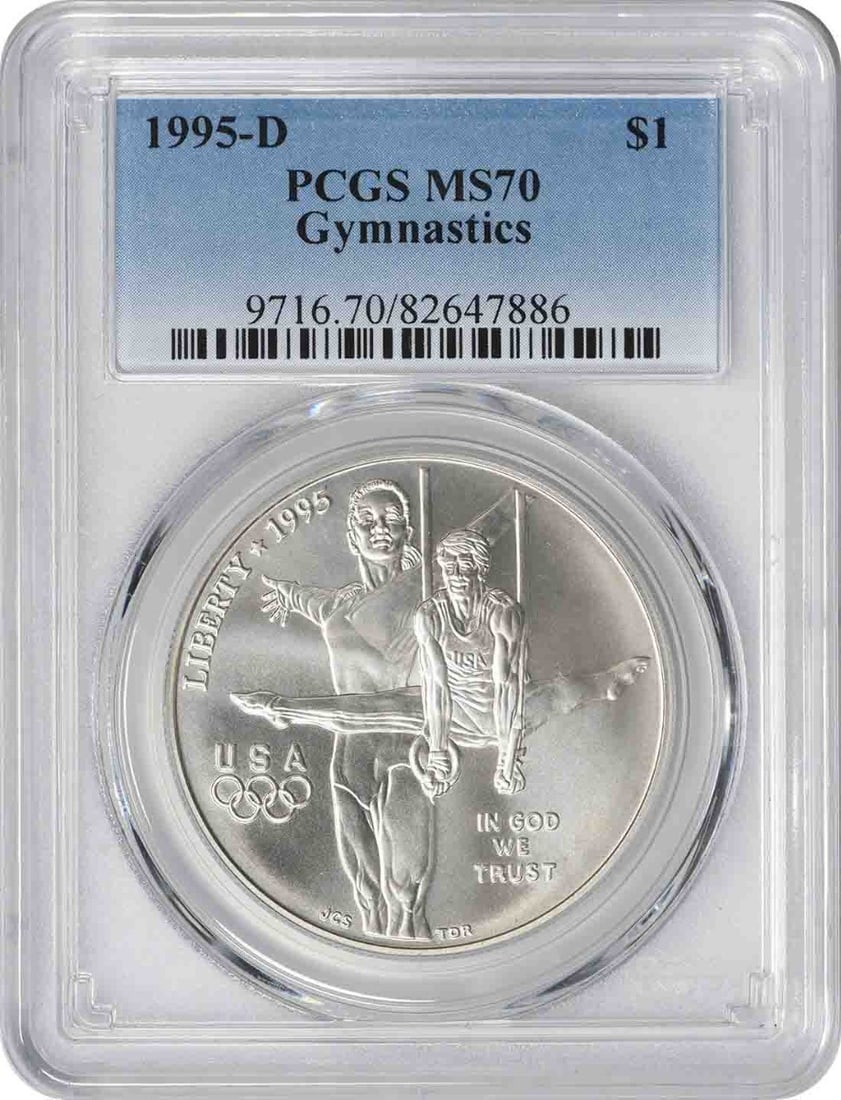 MS70 PCGS 1995-D Gymnastics Silver Commemorative Dollar Coin: MS70 PCGS 1995-D Gymnastics Silver Commemorative Dollar Coin This 1995-D Gymnastics Commemorative Silver Dollar is an un-used coin graded MS70 by PCGS. Struck at the Denver Mint, it is composed of 90%