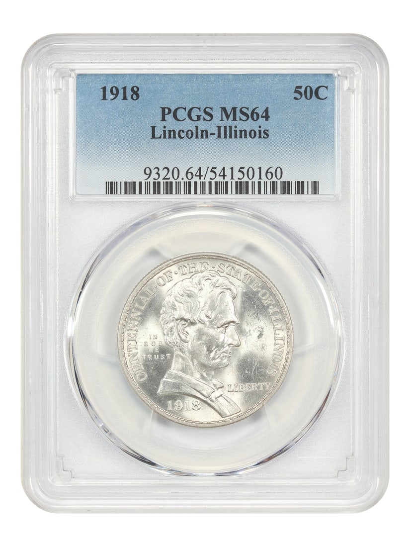 1918 Illinois Half Dollar PCGS MS64 Silver Commemorative Coin: 1918 Illinois Half Dollar PCGS MS64 Silver Commemorative Coin This 1918 50C Lincoln Classic Silver Commemorative coin is certified by PCGS with a grade of MS64. Issued to mark the 100th anniversary of