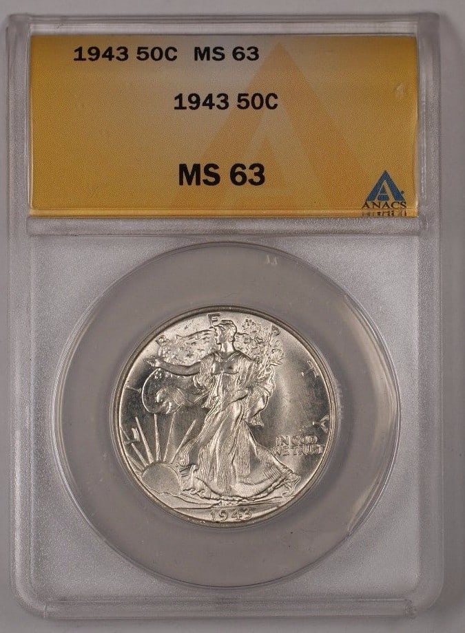1943 Silver Half Dollar ANACS MS-63 Walking Liberty Philadelphia: 1943 Silver Half Dollar ANACS MS-63 Walking Liberty Philadelphia This is a 1943 Walking Liberty Silver Half Dollar from the United States, certified by ANACS with a grade of MS 63. The coin was minted