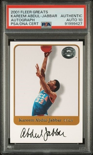 Kareem Abdul Jabbar 2001 Fleer Greats Autograph PSA 10 Bruins HOF: Kareem Abdul Jabbar 2001 Fleer Greats Autograph PSA 10 Bruins HOF This is a 2001 Fleer Greats Autograph basketball card featuring the legendary Kareem Abdul Jabbar. Graded as Authentic by Professional